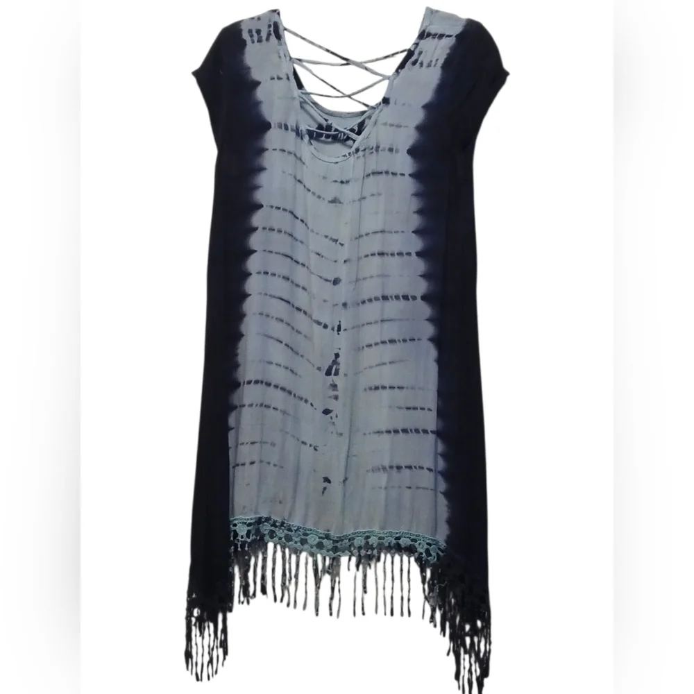 Blue Island - NWOT Hi/Lo Tie-Dye Beach Dress W/Crochet Fringe, Criss Cross Back - Picture 2 of 8